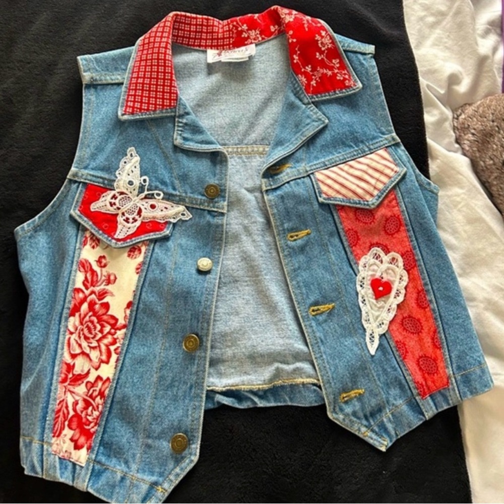Vintage 90’s Denim Vest with Lace and Red Patchwork Accents